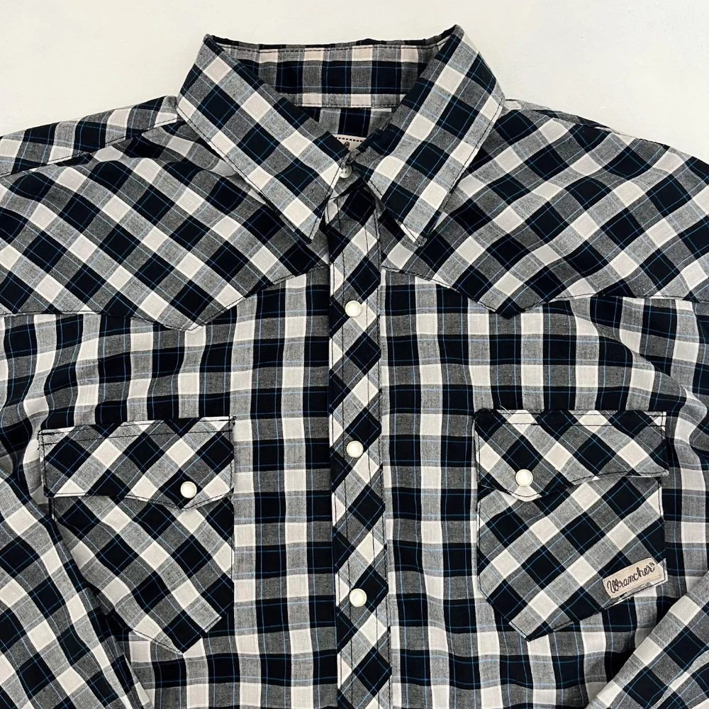 Wrancher By Wrangler Mens XL‎ Button Up Western Shirt Black Plaid Pearl Snap
